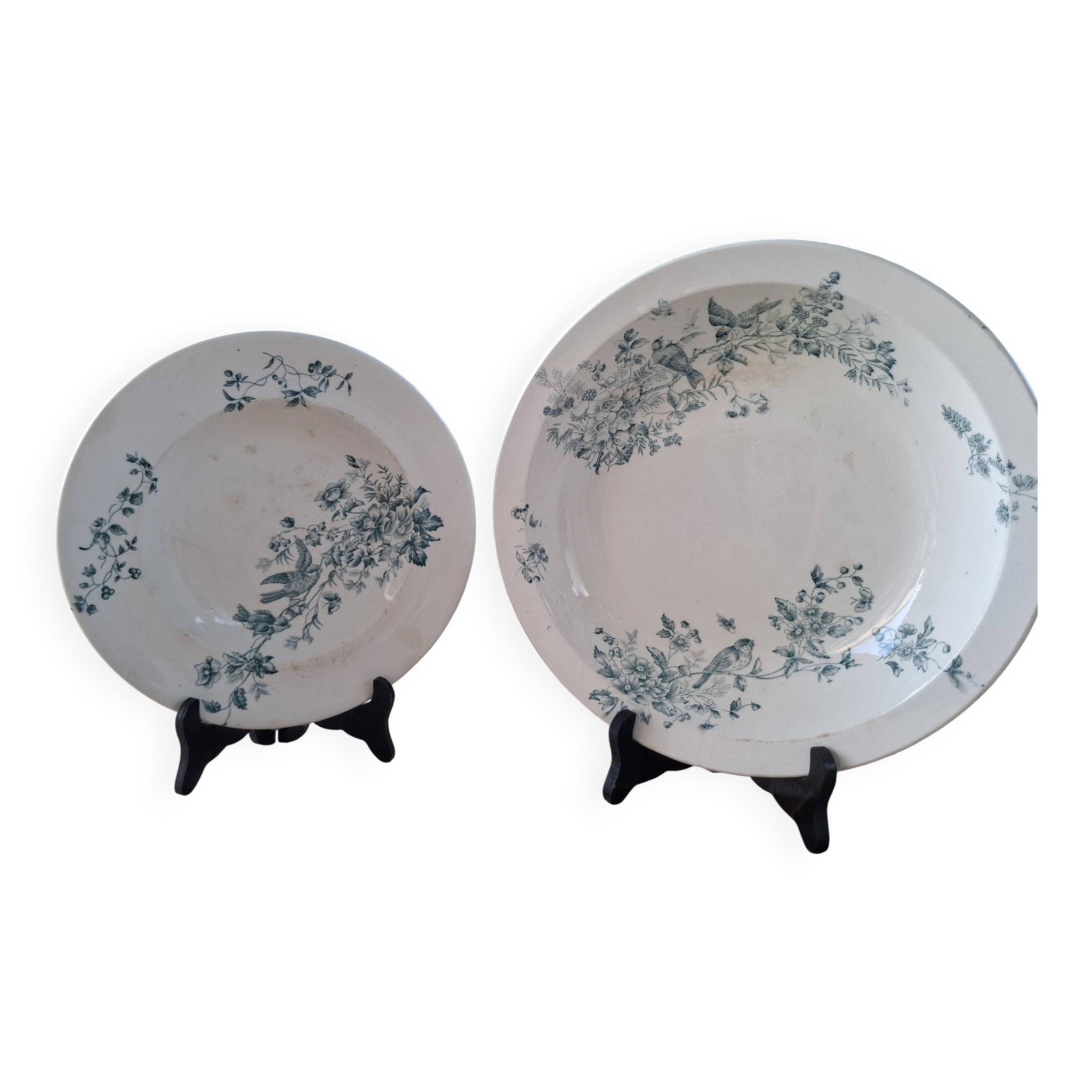 Old set of 2 terre de fer longwy dishes – bird and flower decoration