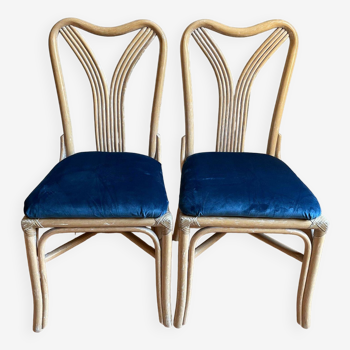 Paire de chaises rotin velours bleu