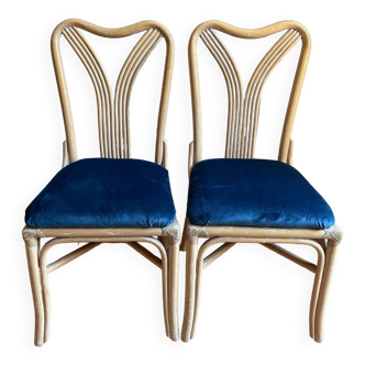 Pair of blue velvet rattan chairs