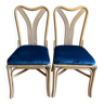 Pair of blue velvet rattan chairs