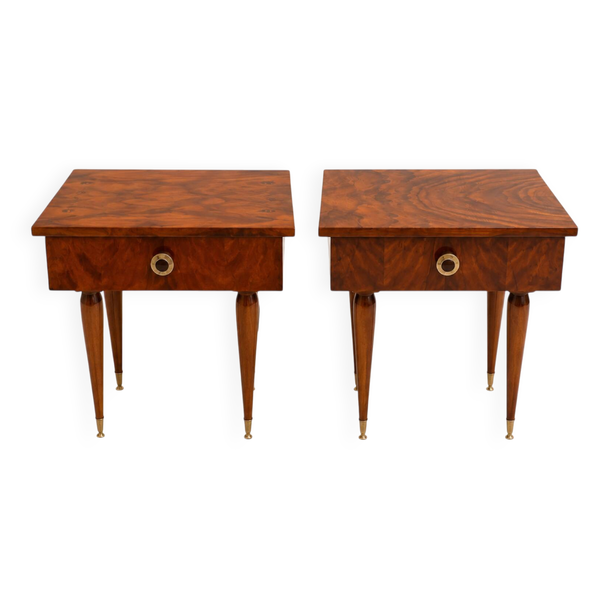 Pair of vintage bedside tables in veneered wood with a glossy finish.
