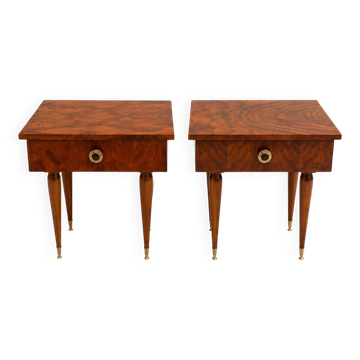 Pair of vintage bedside tables in veneered wood with a glossy finish.