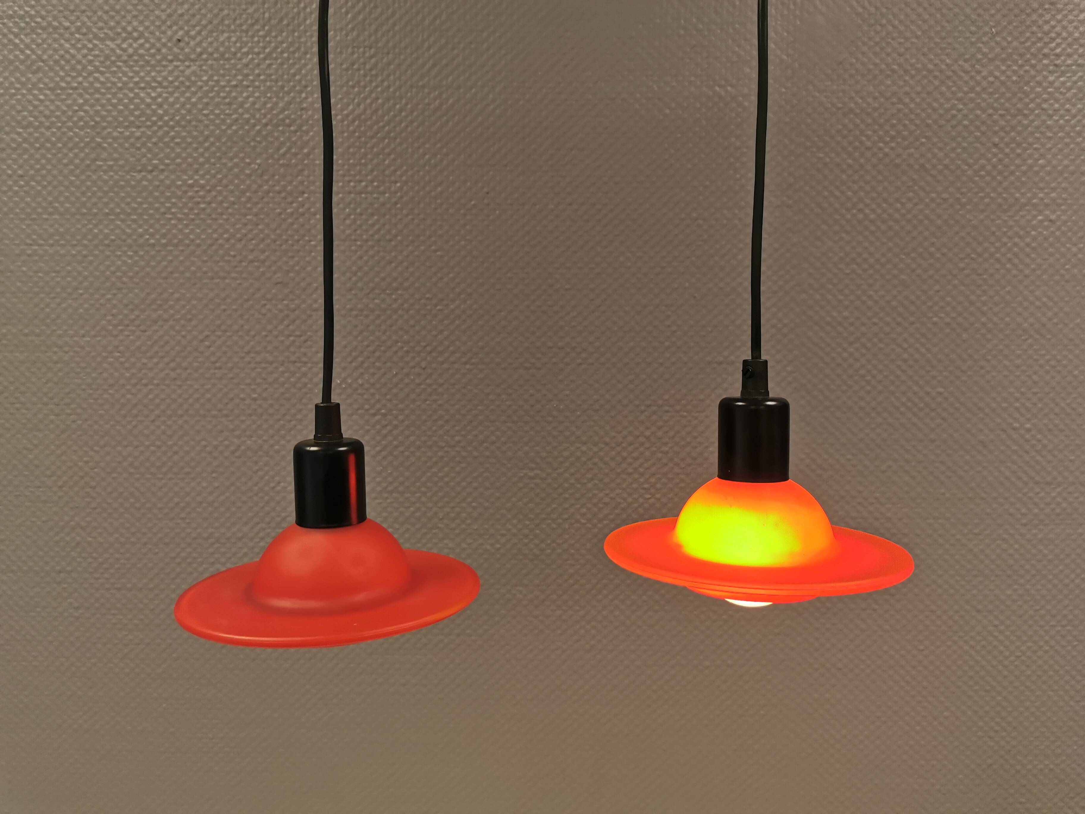 Red UFO glass lamps from the early 90s, Danish and made by Design Light