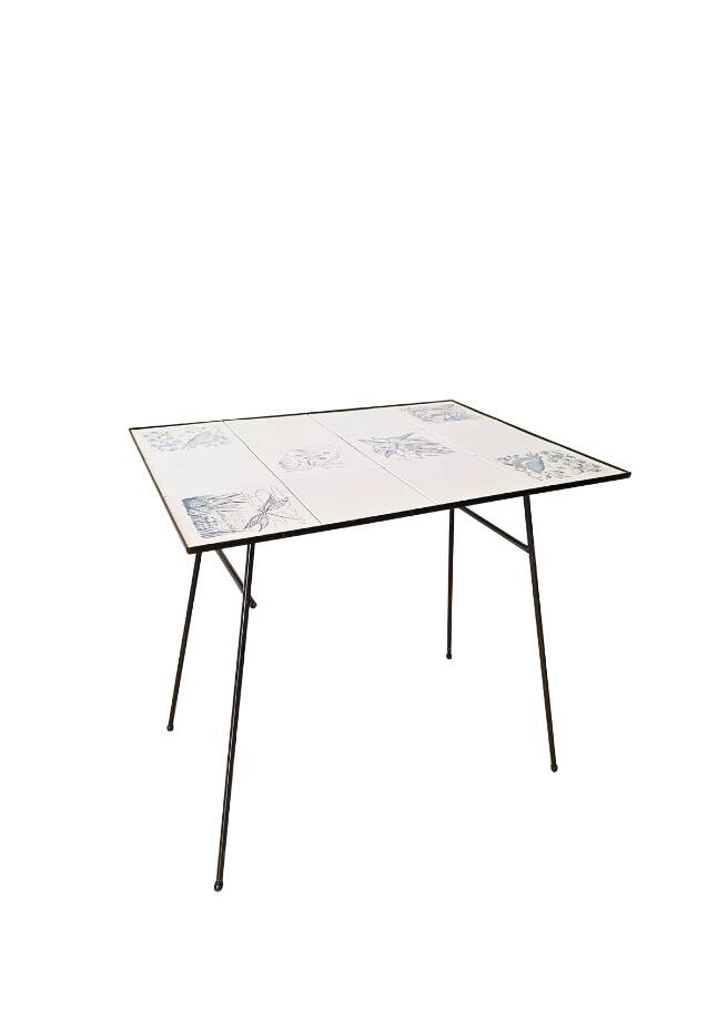 Table d'appoint vintage en fer forgé & céramique, oiseaux et papillons