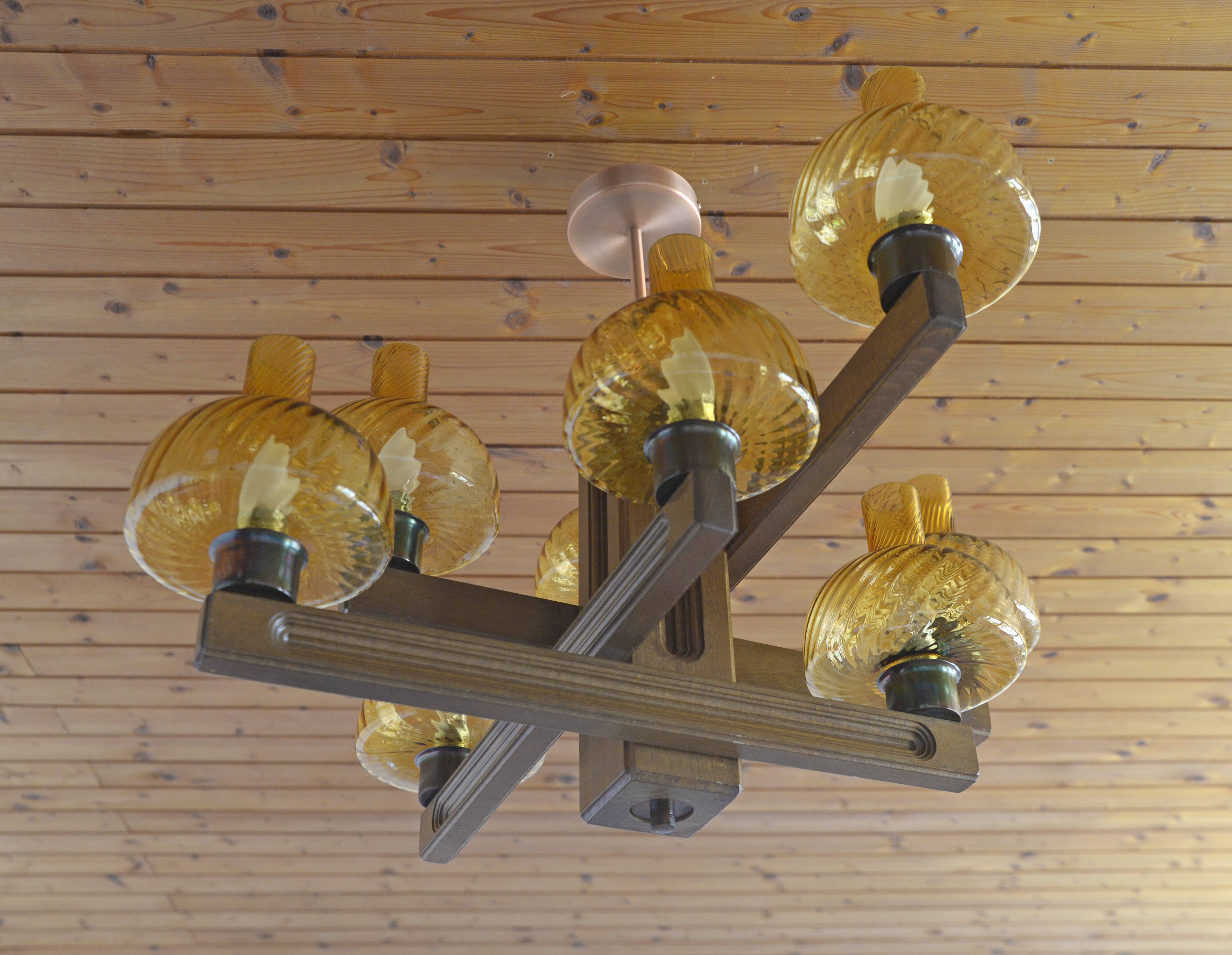 Large Vintage Rustic Wooden Chandelier Amber Glass shades Carved Wood 1980