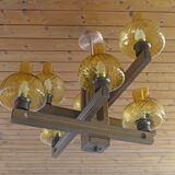 Large Vintage Rustic Wooden Chandelier Amber Glass shades Carved Wood 1980