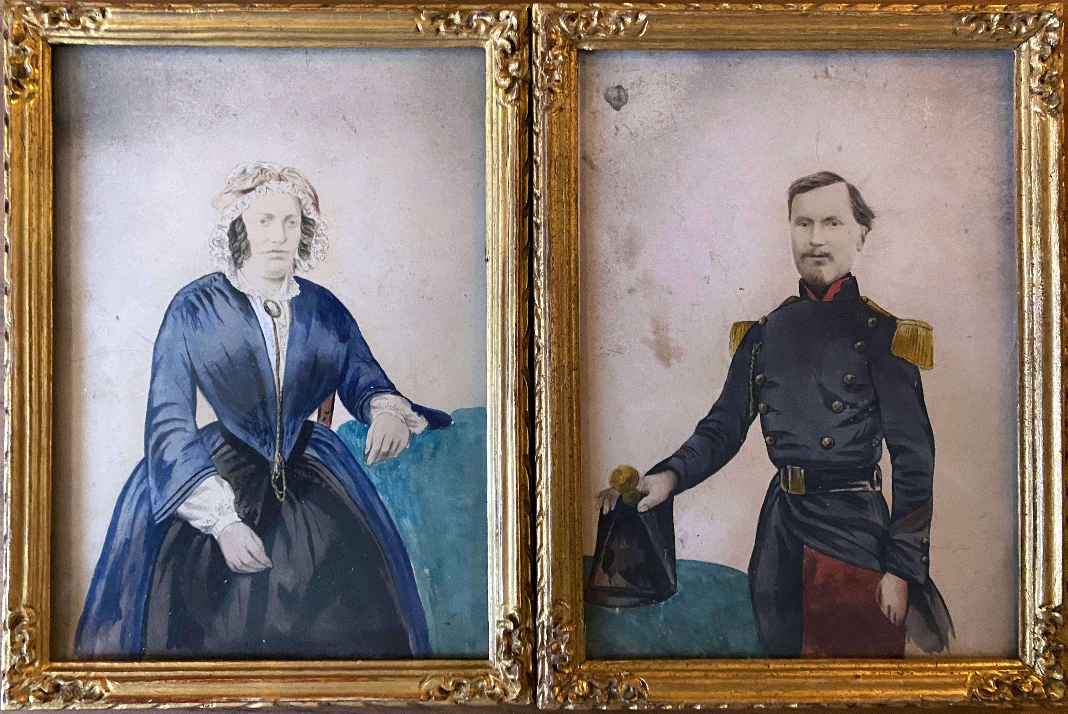 Paintings during enhanced processes watercolor family portrait XIX° + frame