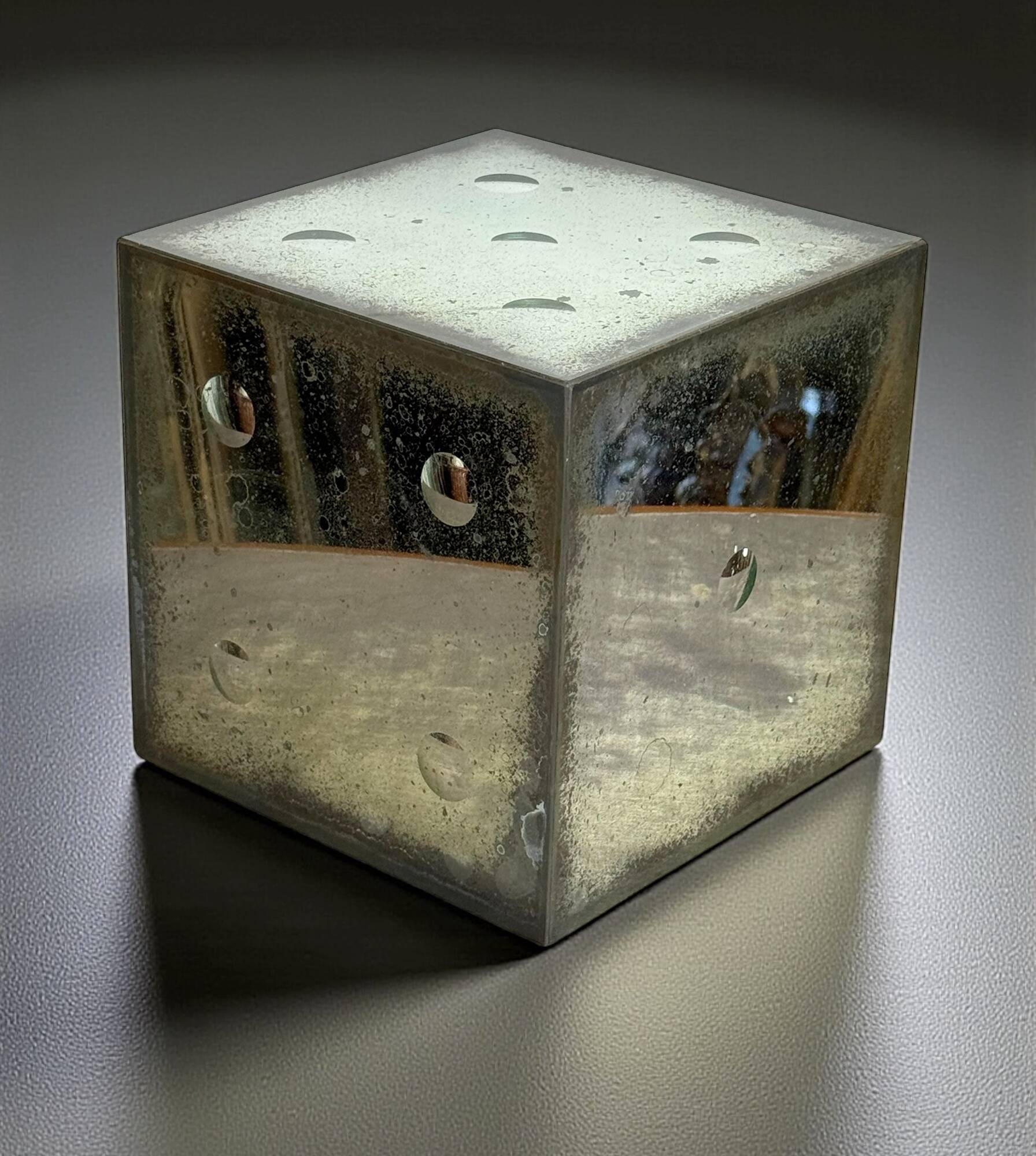 Large aged glass dice from the 70s with bubble shaped numbers