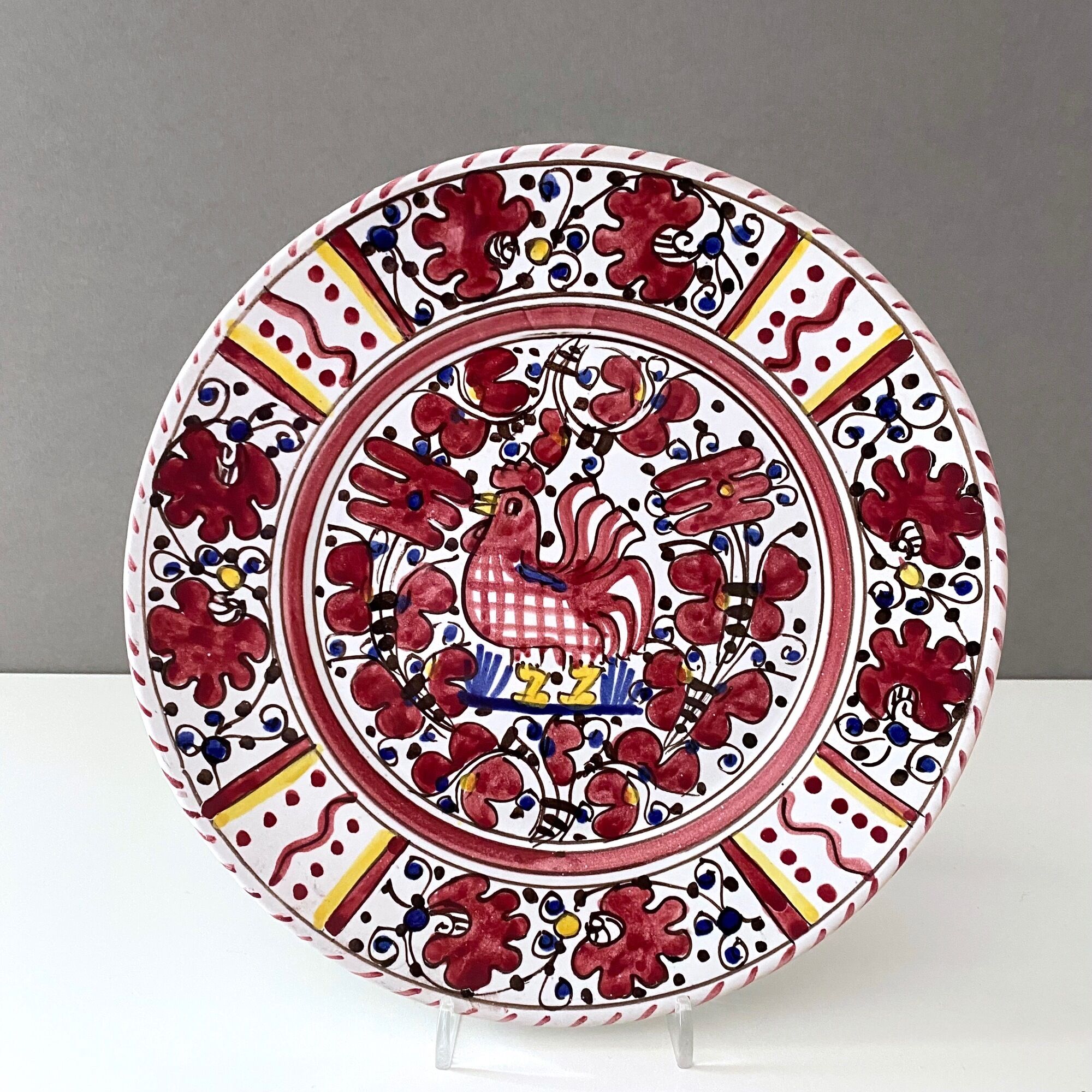 Wall plate by Deruta Etrusca, red rooster, Italian Majolica Pottery handpainted