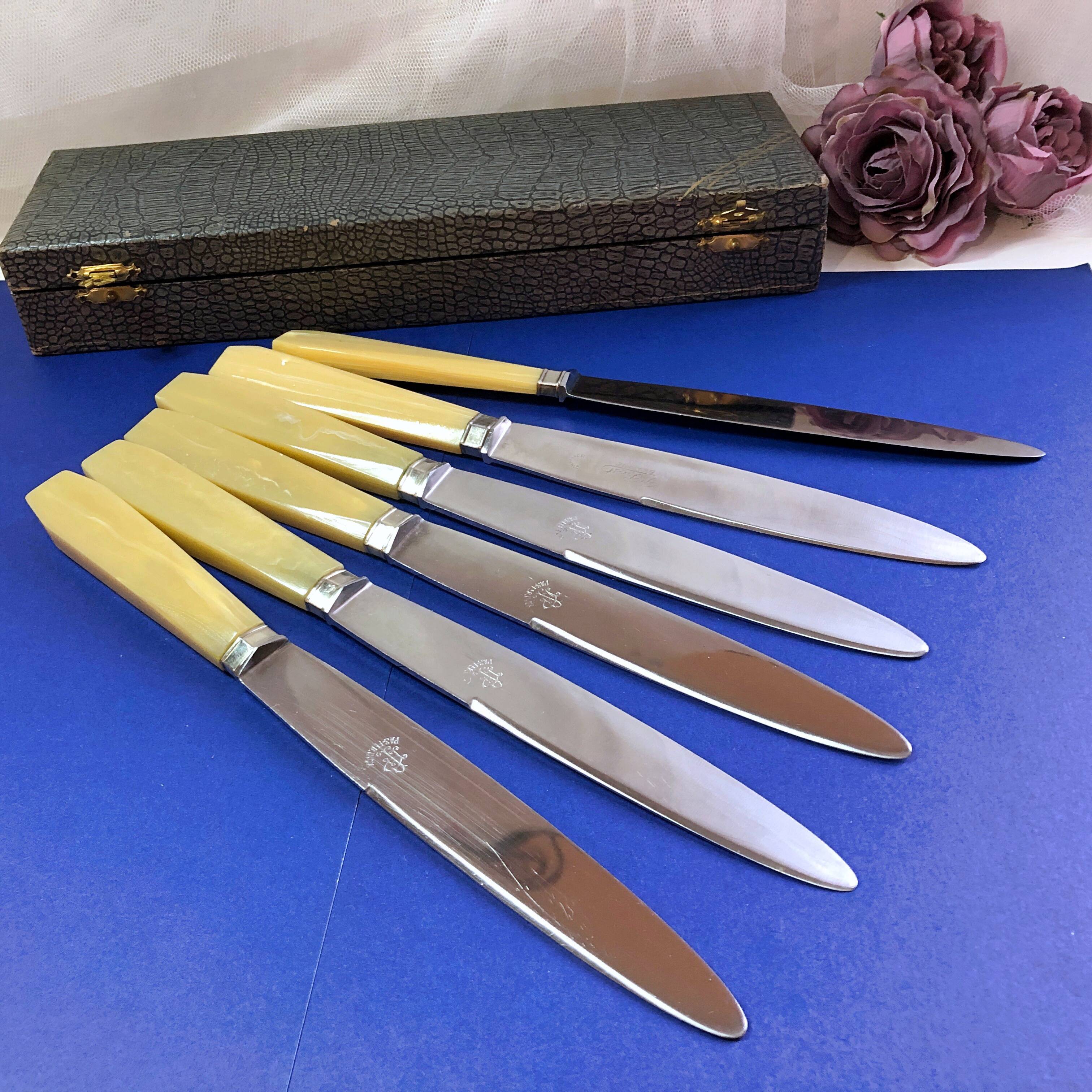 Box of 6 bakelite handle table knives France early 20th century