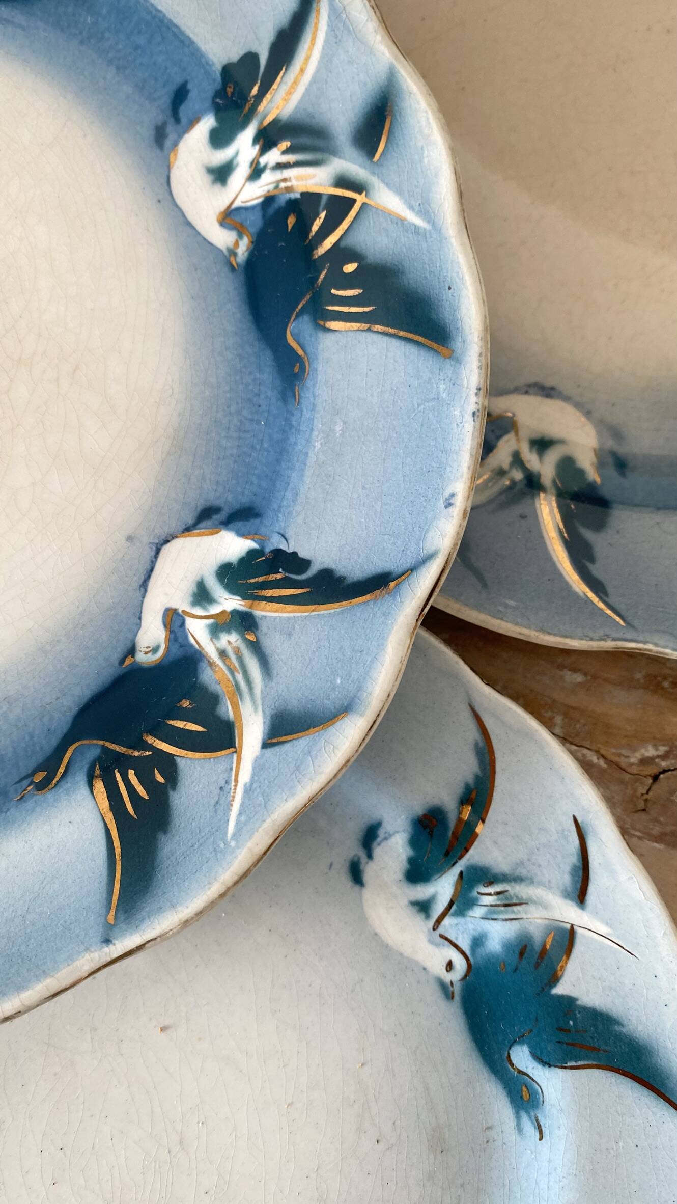 Rare dessert plates Terre de Fer Choisy le Roi, birds.