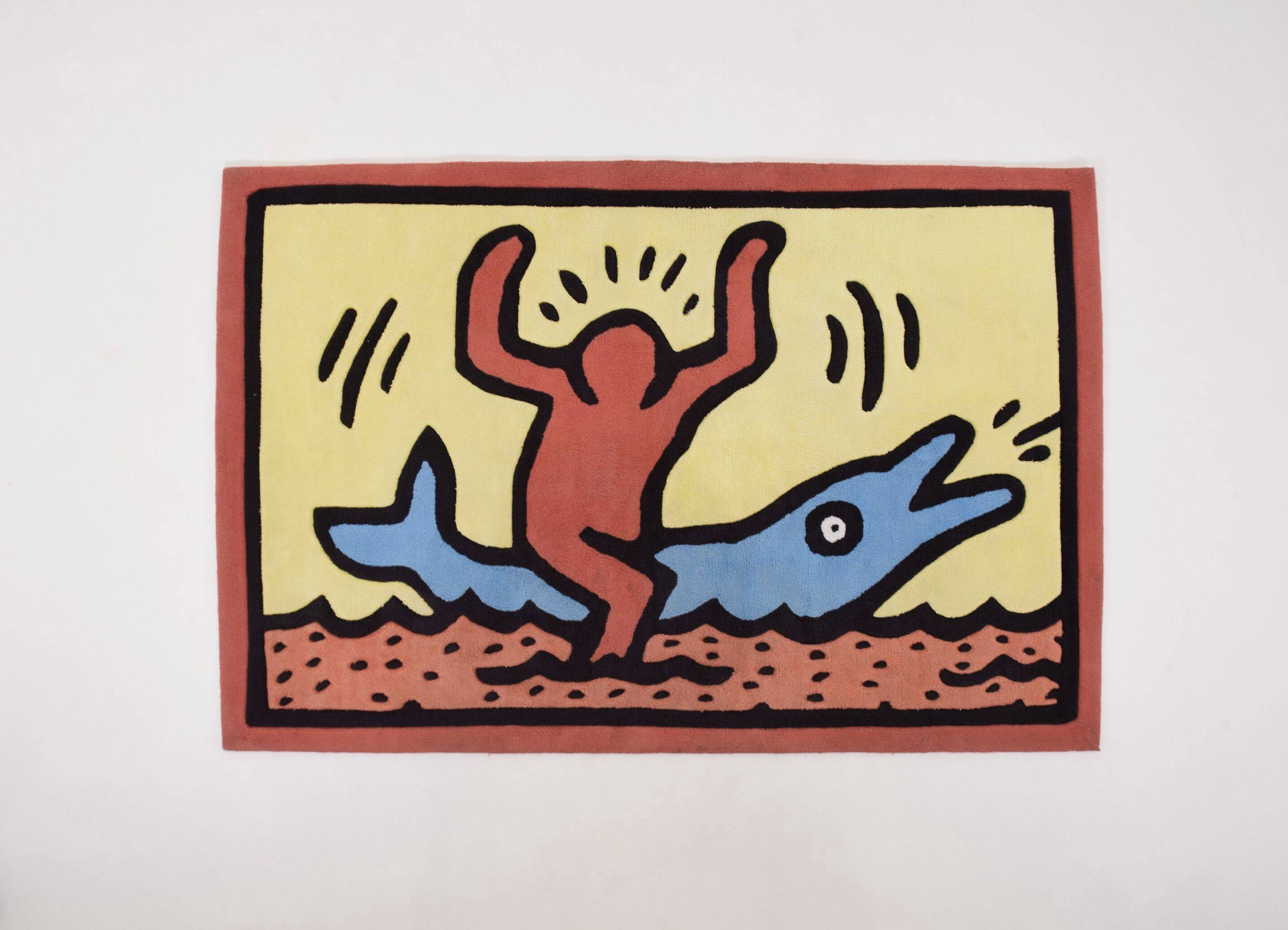 Tapis vintage 'Dolphin Ride' conçu par Keith Haring, années 1990.