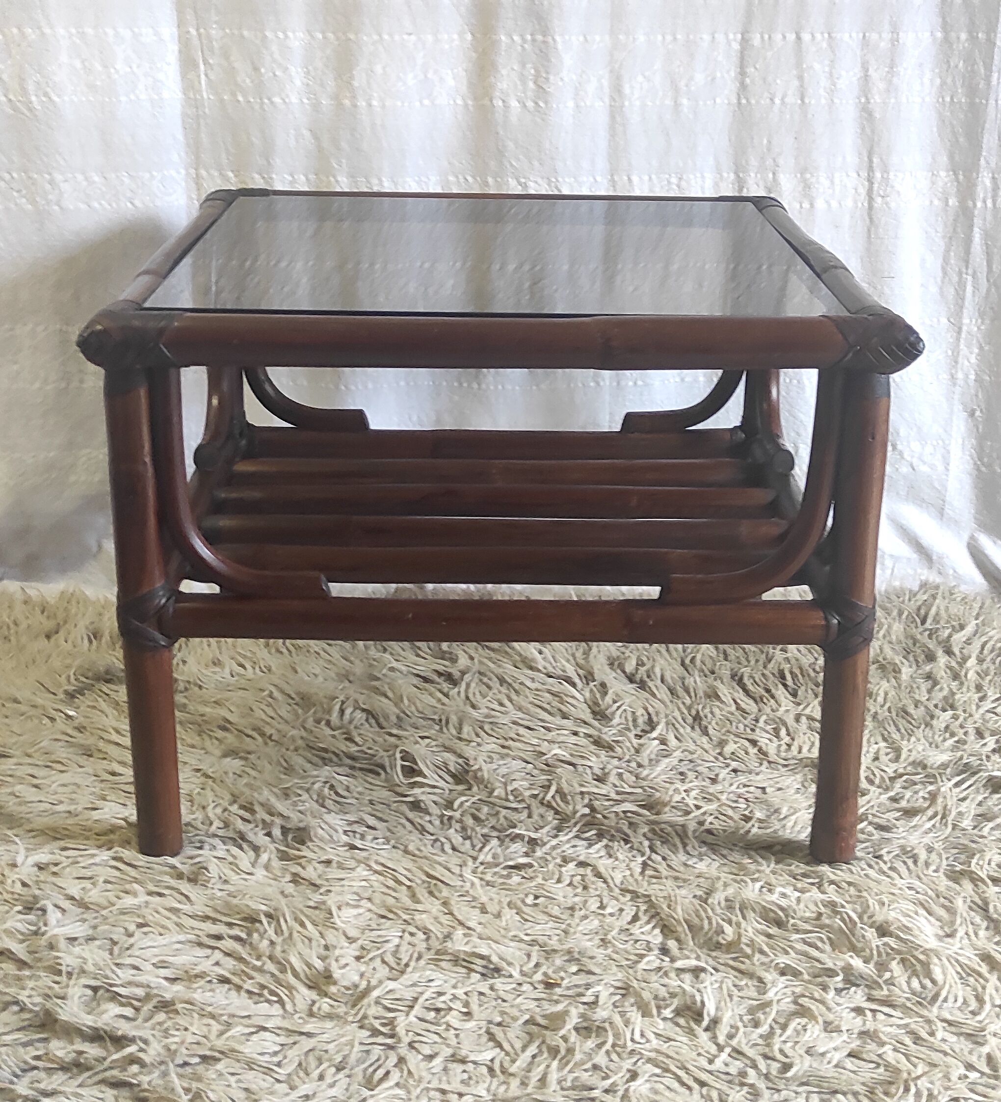 Rattan coffee table and smoked glass 60-70s