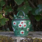 Vintage gargoulette, jug, green painted pitcher with daisy patterns