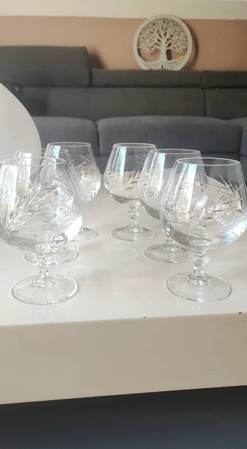 Lot 6 Verres Cognac/Cristal Arques. Model Fleury engraved with Wheat Ears.