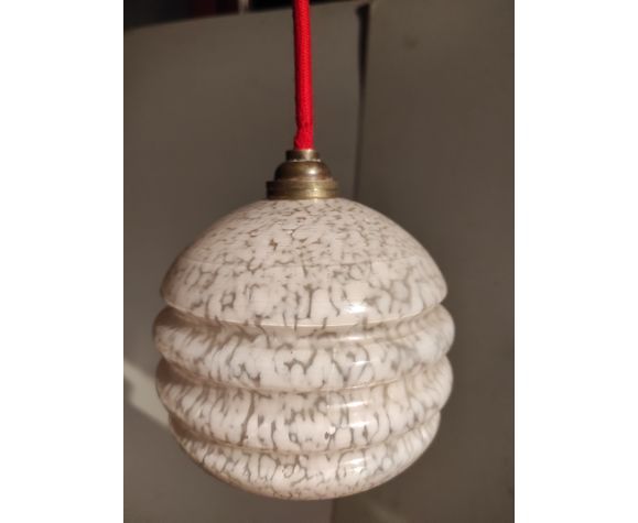 Vintage strolling suspension in pink Clichy glass and woven cotton electric wire