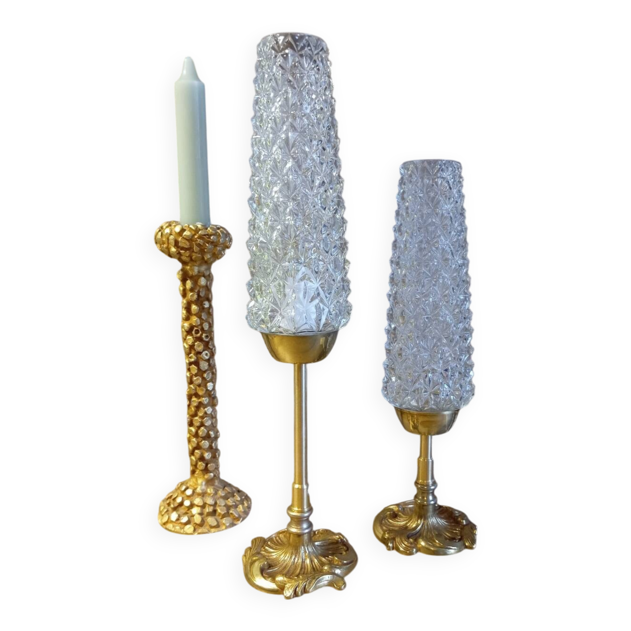 Duo of retro 50's bronze table lamps, diamond-tipped glass tube lampshades