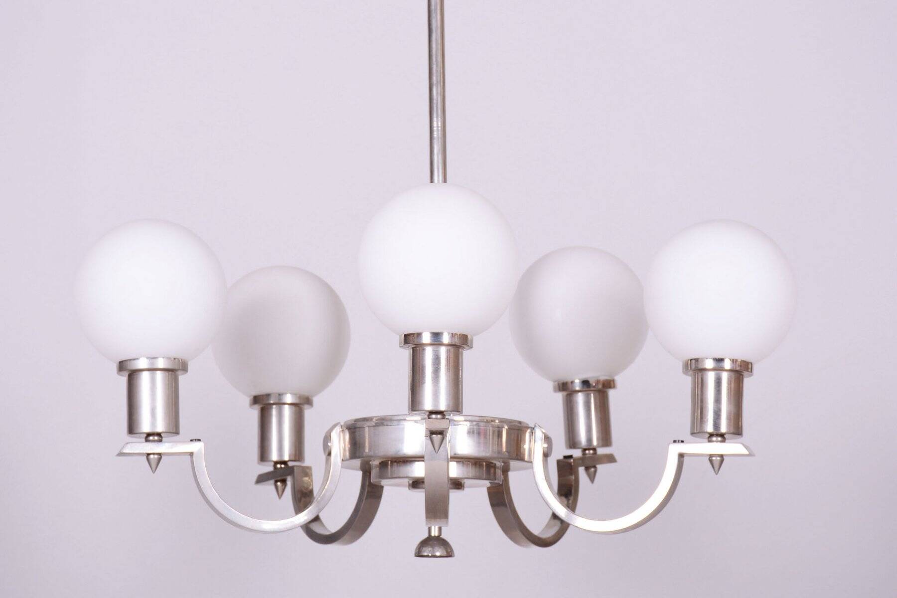 Art Deco Chandelier in Nickel, Steel and Opaline Glass, Czech, 1920s