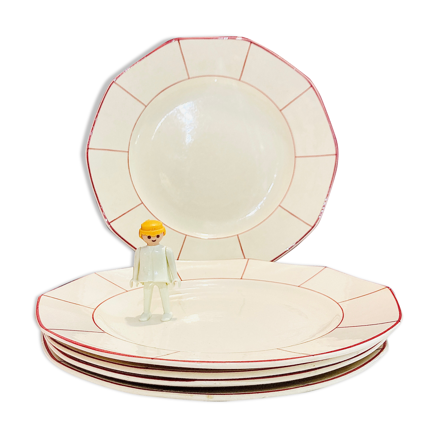 X5 large octagonal plates VILLEROY & BOCH burgundy & ecru - retro-cuisine-vintage