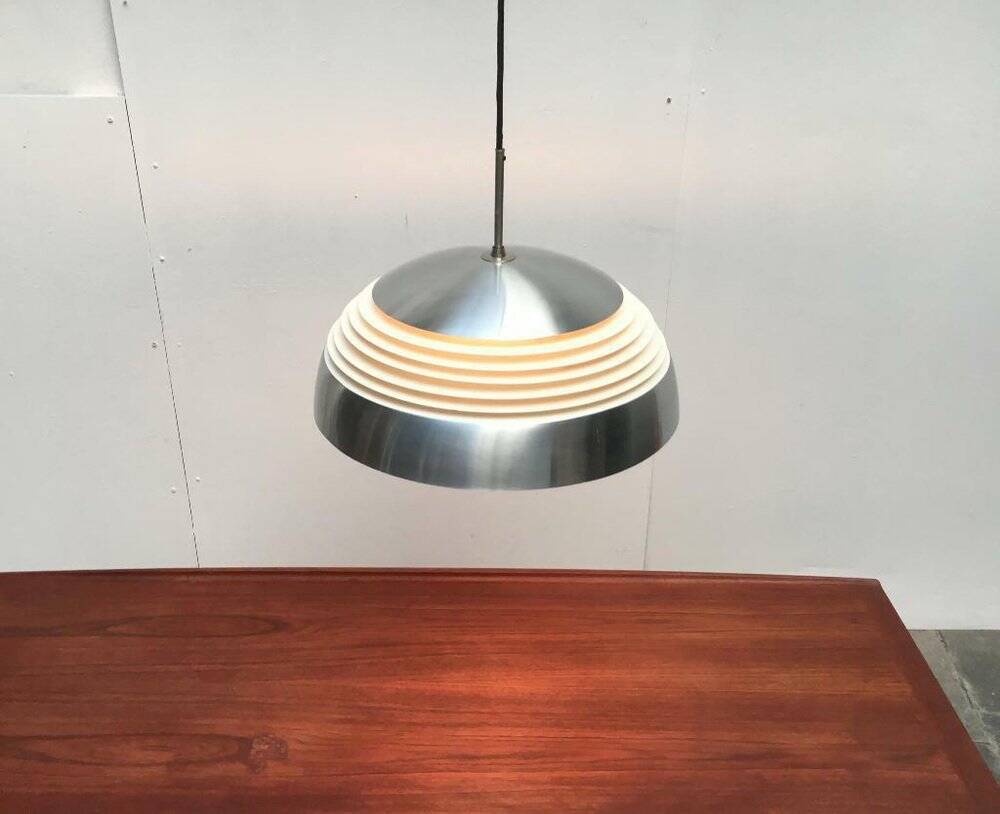 German pendant lamp in aluminium and glass from the Mid-Century space by Doria, 1960s.