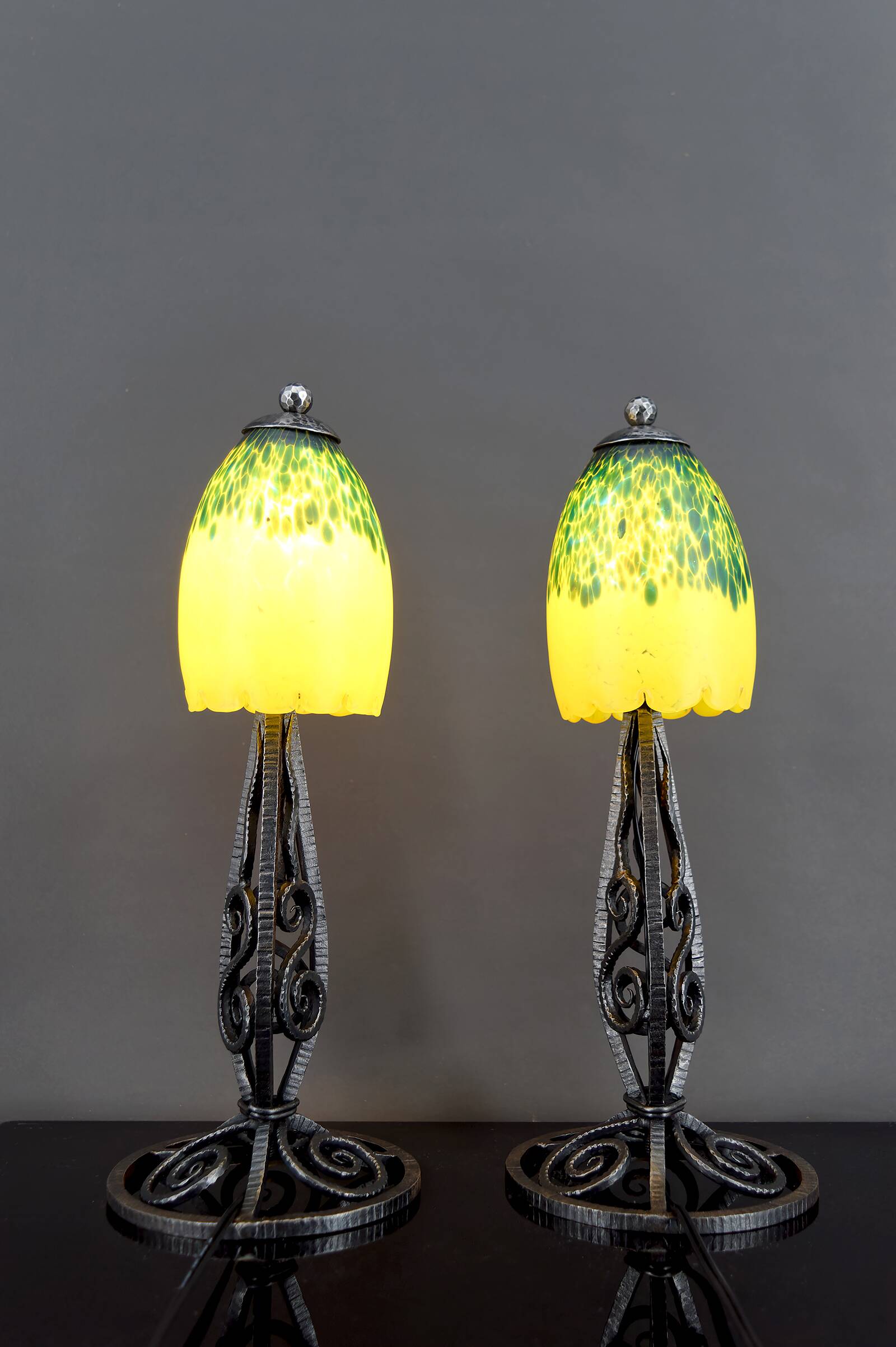 Pair of Wrought Iron & Blown Glass Lamps, France, Art Deco, c. 1930