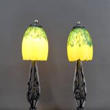 Pair of Wrought Iron & Blown Glass Lamps, France, Art Deco, c. 1930