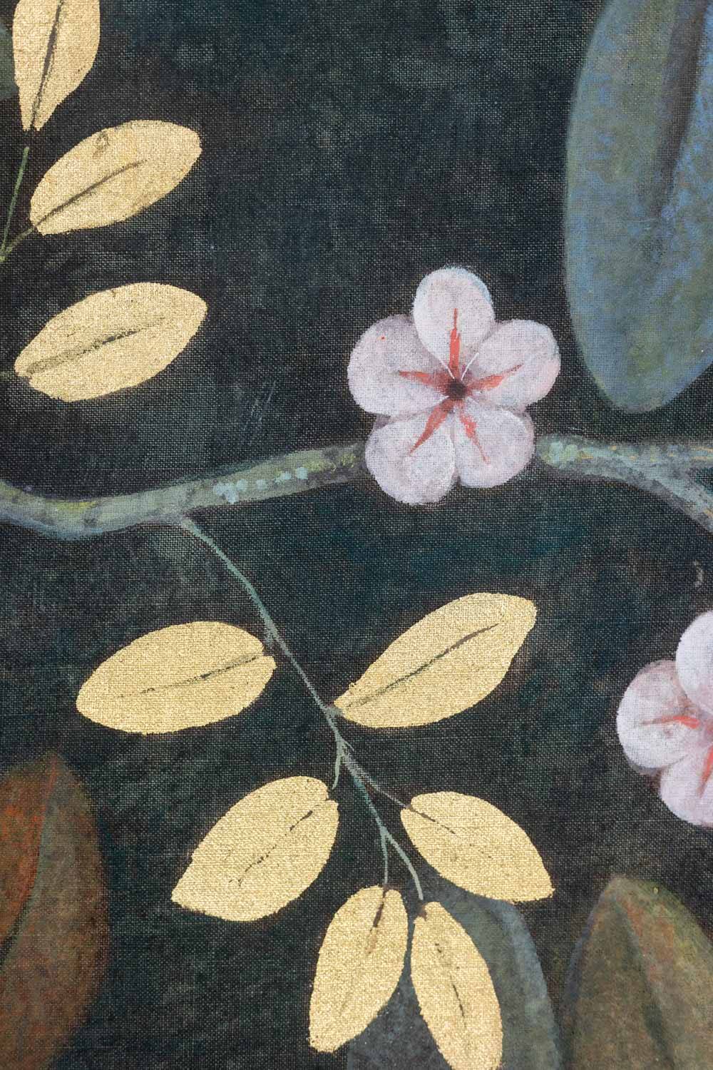 Painted canvas depicting a bird in a floral setting. Contemporary.