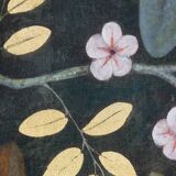 Painted canvas depicting a bird in a floral setting. Contemporary.