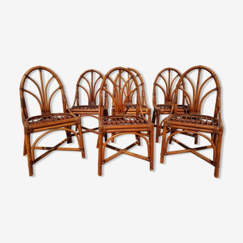 Set de 6 chaises anciennes vintage années 60 /70 en osier et bambou