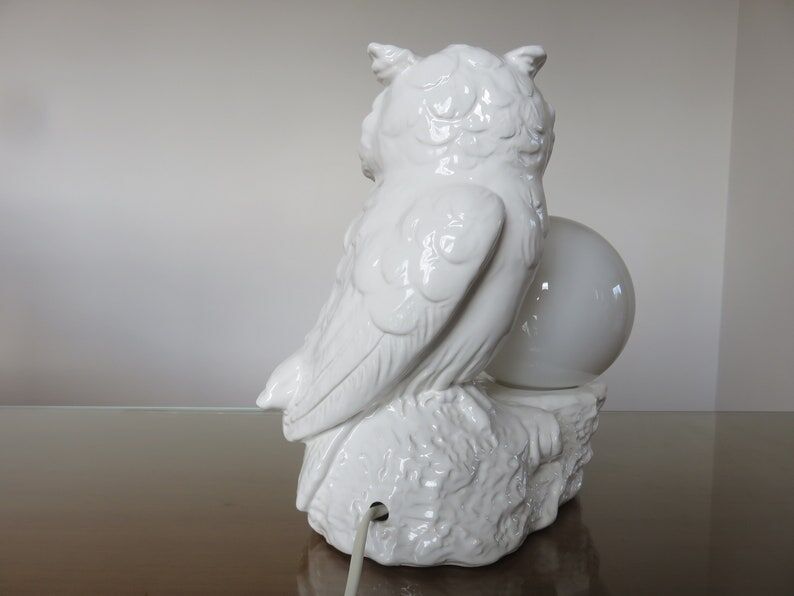 Owl lamp, ceramic owl and opaline ball 70s