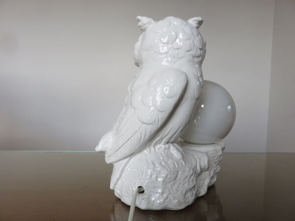 Lampe hibou, chouette en céramique et boule opaline années 70