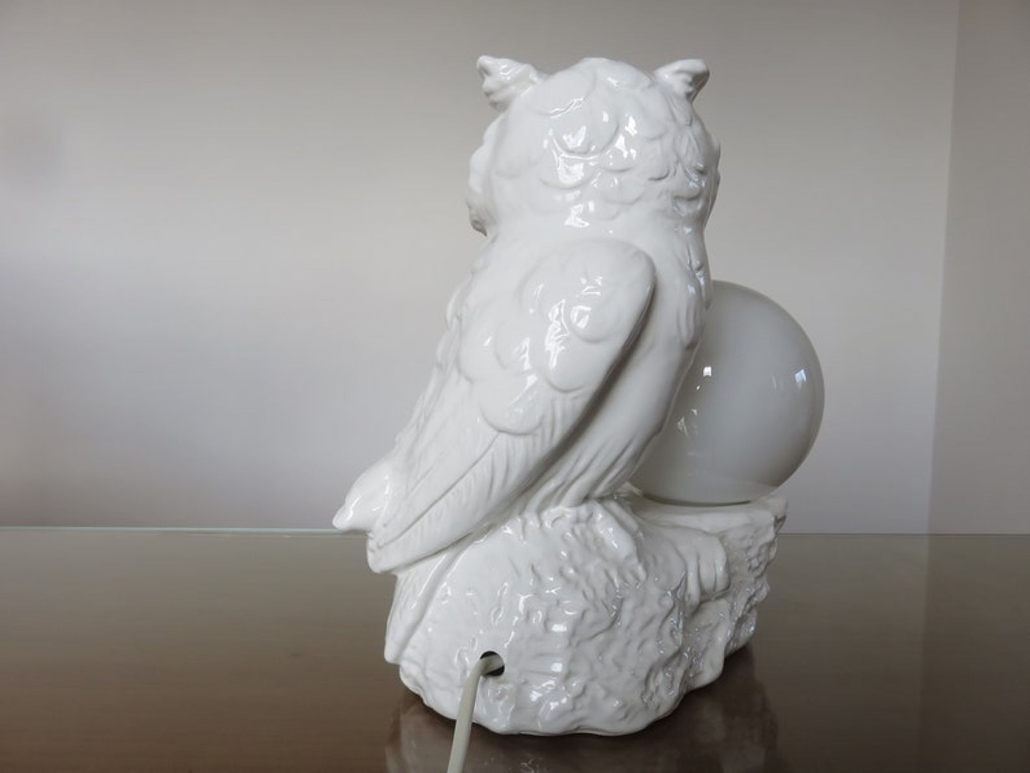 Owl lamp, ceramic owl and opaline ball 70s