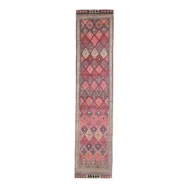 1970s vintage Turkish hand-knotted wool cotton pink runner rug 87x395