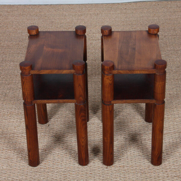Pair of bedside tables/side tables in solid elm, 1950-60.