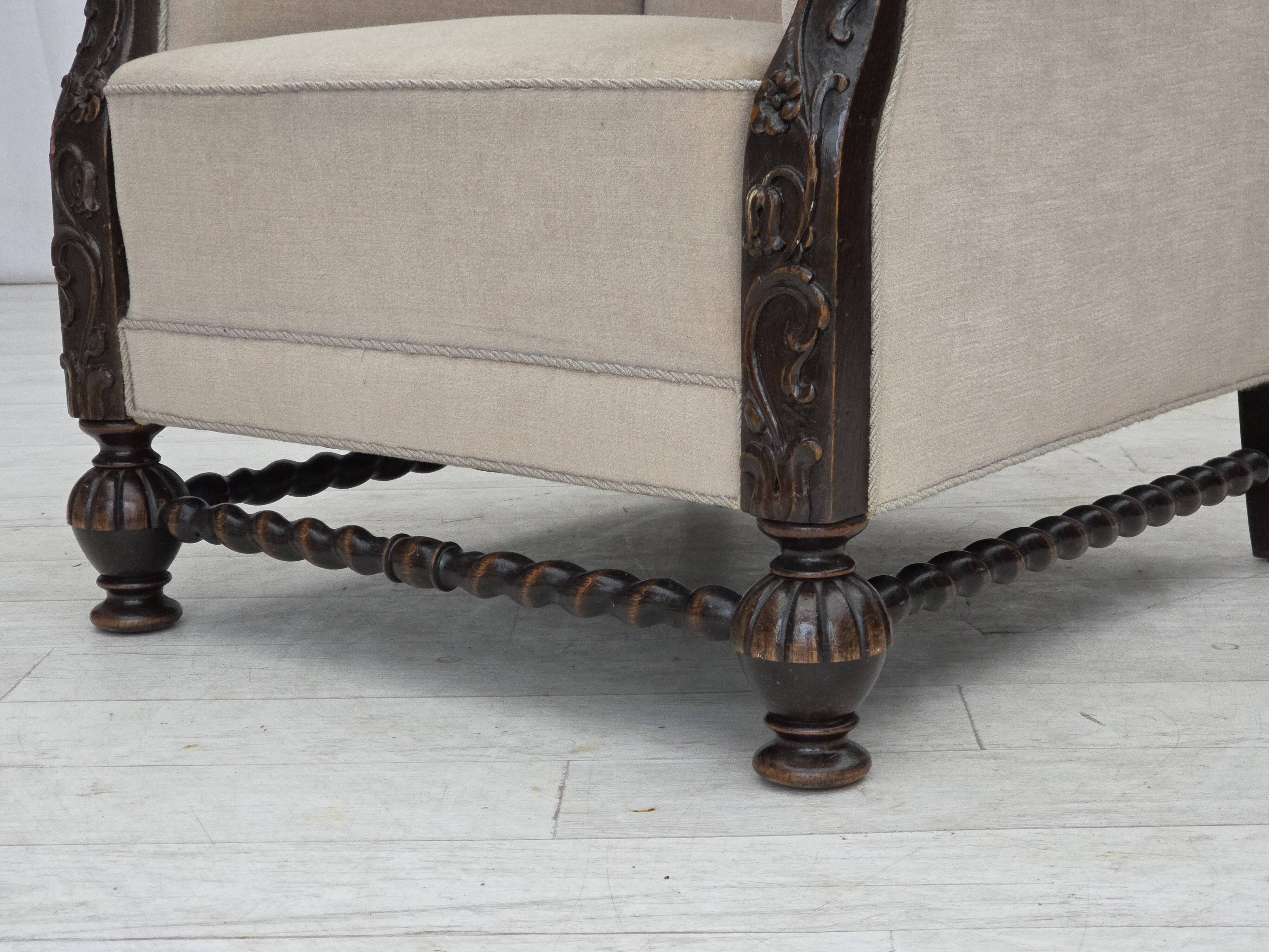 1960s, Danish wingback armchair, furniture velour, carved oak wood.