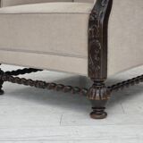 1960s, Danish wingback armchair, furniture velour, carved oak wood.