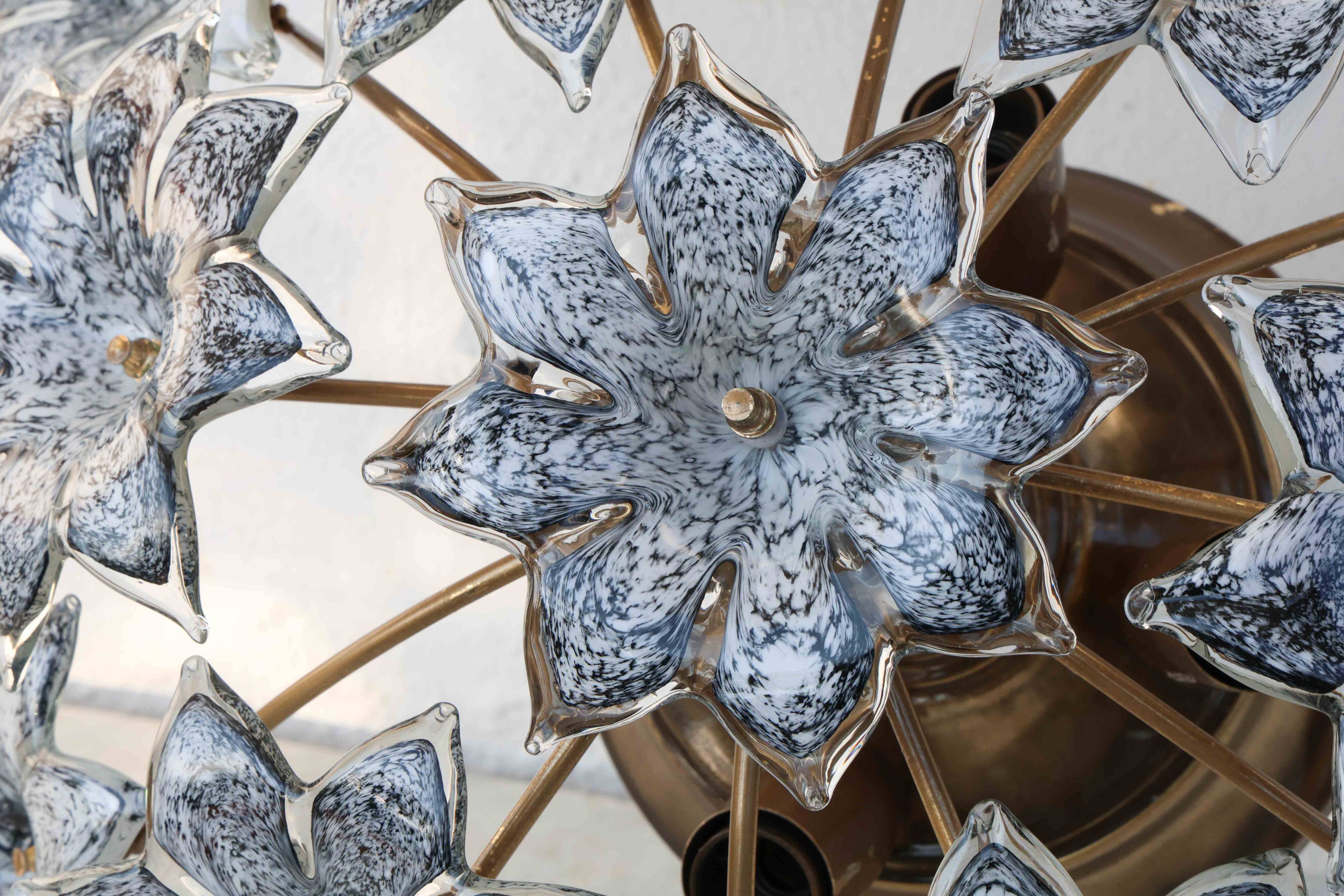 Large Murano Vintage Ceiling Light Black Flowers, 1970s