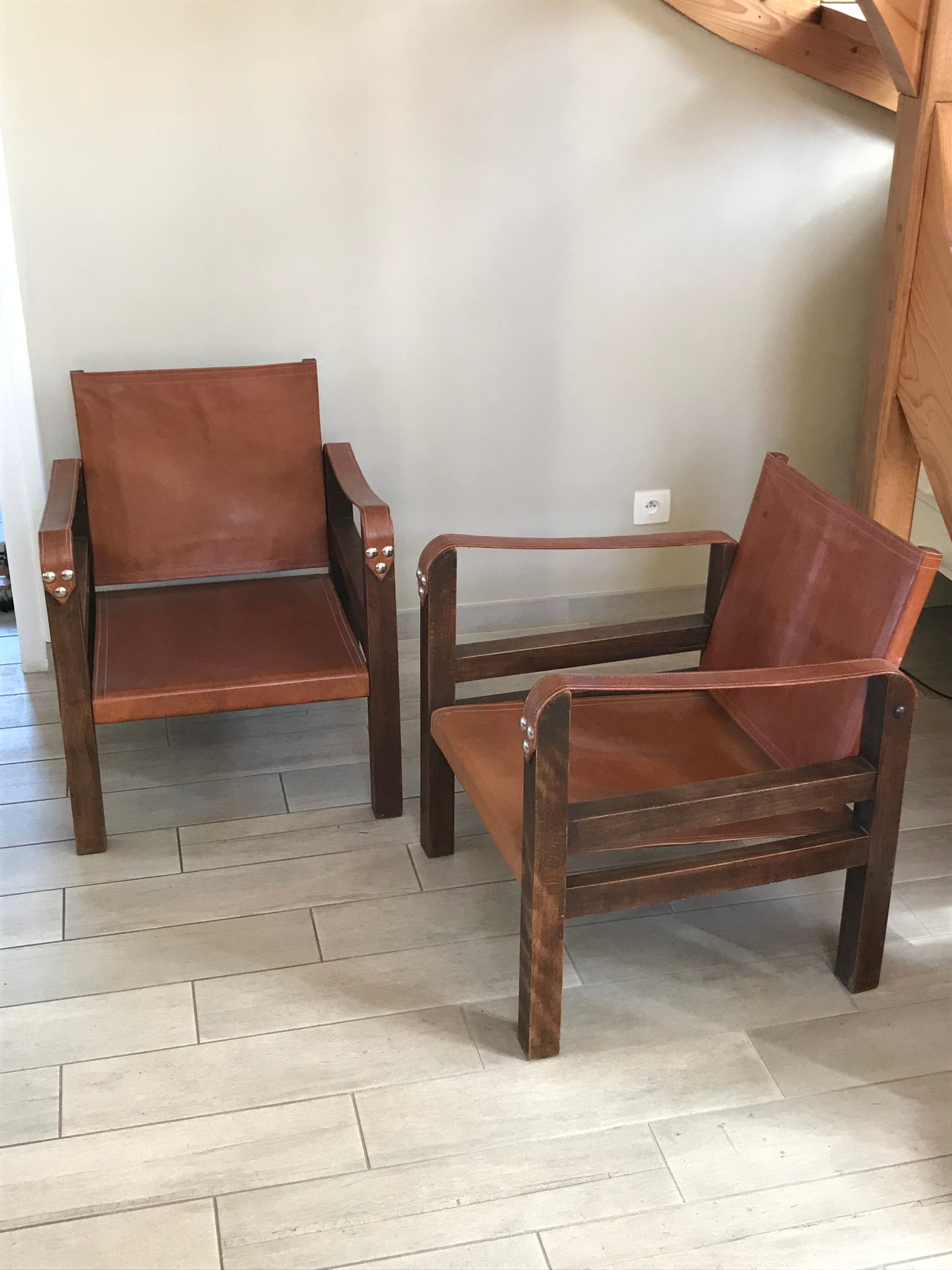 Pair of vintage design safari armchairs 50s
