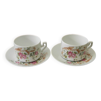 Lot de 2 tasses à déjeuner en porcelaine. Décor fleurs.