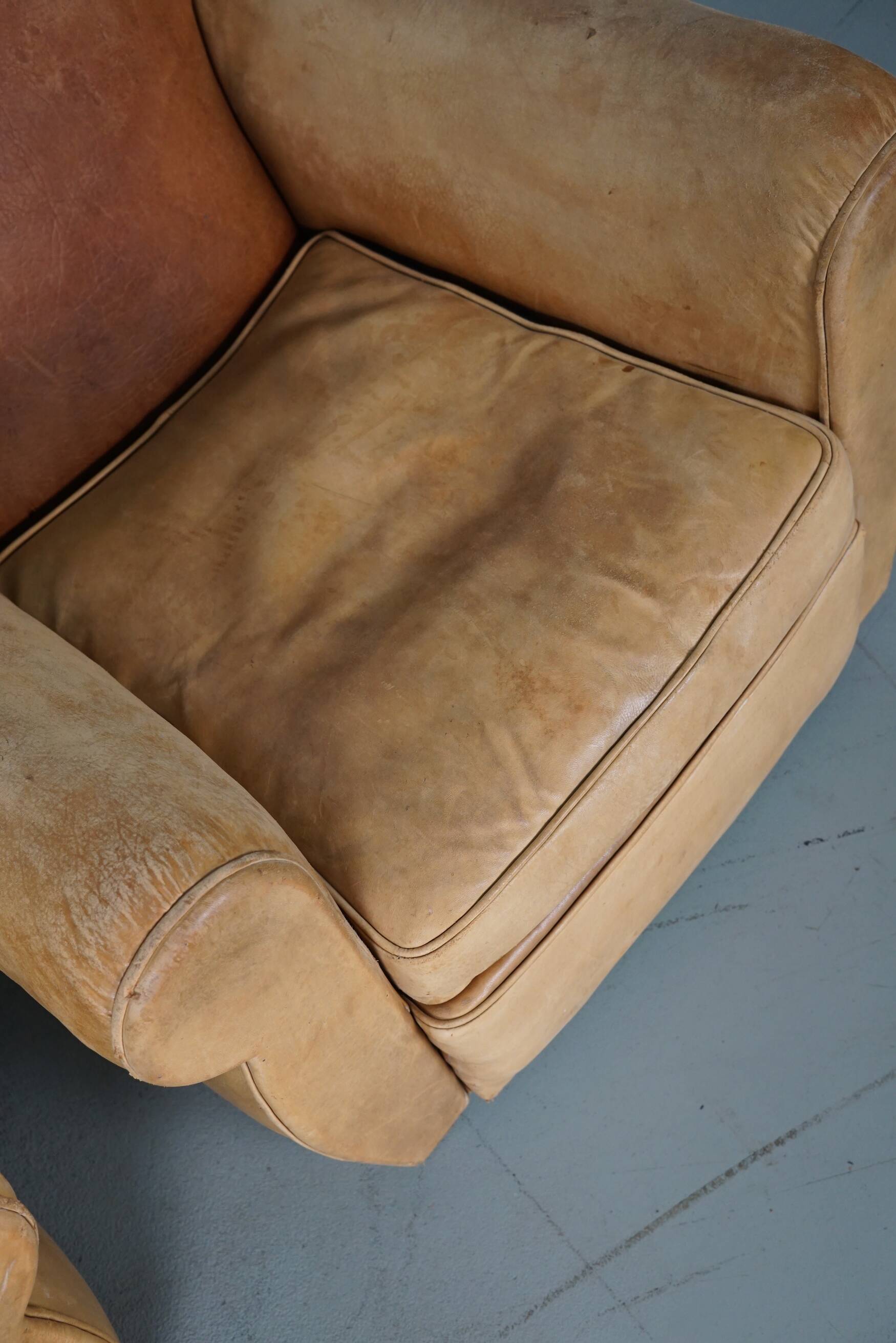 Pair of French Cognac Moustache Back Leather Club Chairs, 1940s