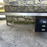 Vintage desk in smoked glass and brushed steel. 1970. Suspended box