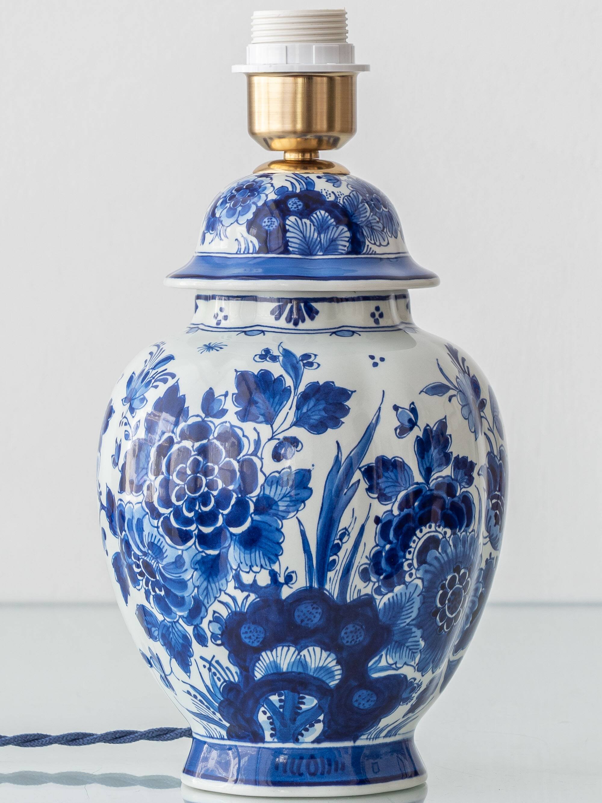 Pair of Royal Delft Blue & White Hand-Painted Floral Ginger Jar Table Lamps