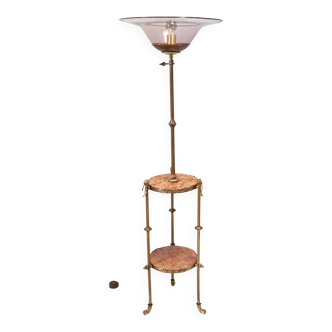 Lampadaire télescopique en laiton avec plateau en marbre travertin rouge, Italie