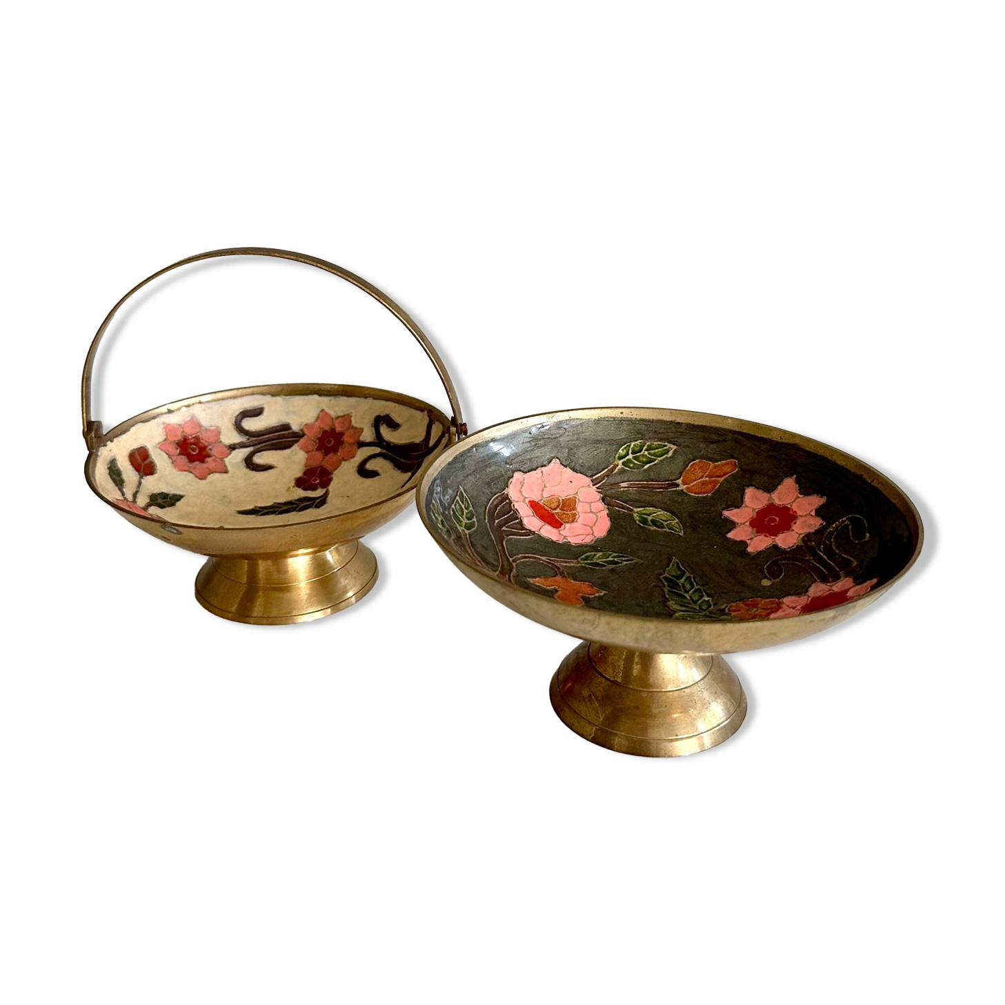 Set of 2 Mid Century brass bowls, enamelled bowl