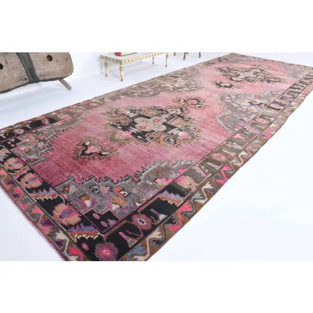 Vintage Turkish hand-knotted wool cotton pink area rug 180x475