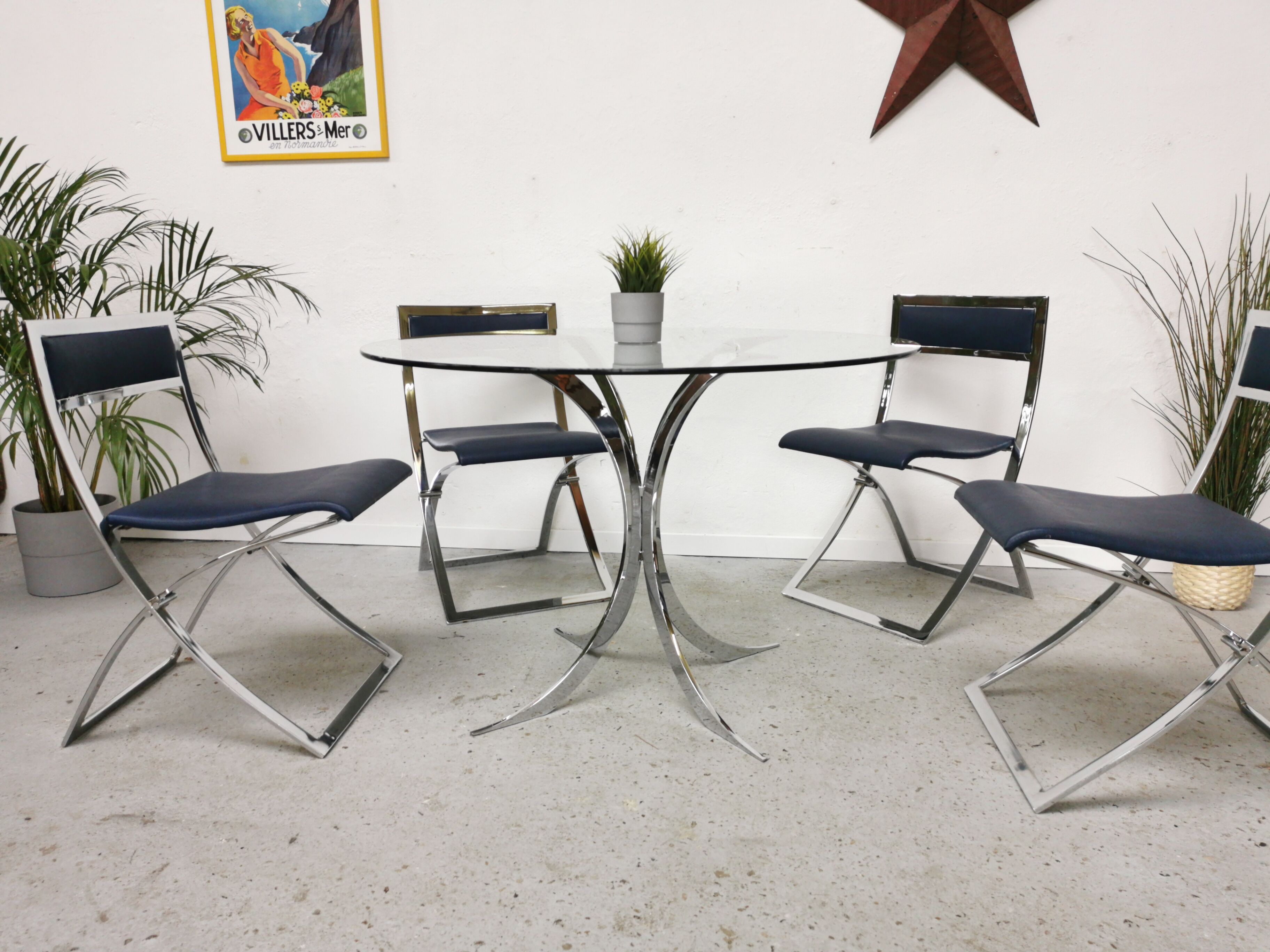 Table vintage verre et chrome 1970