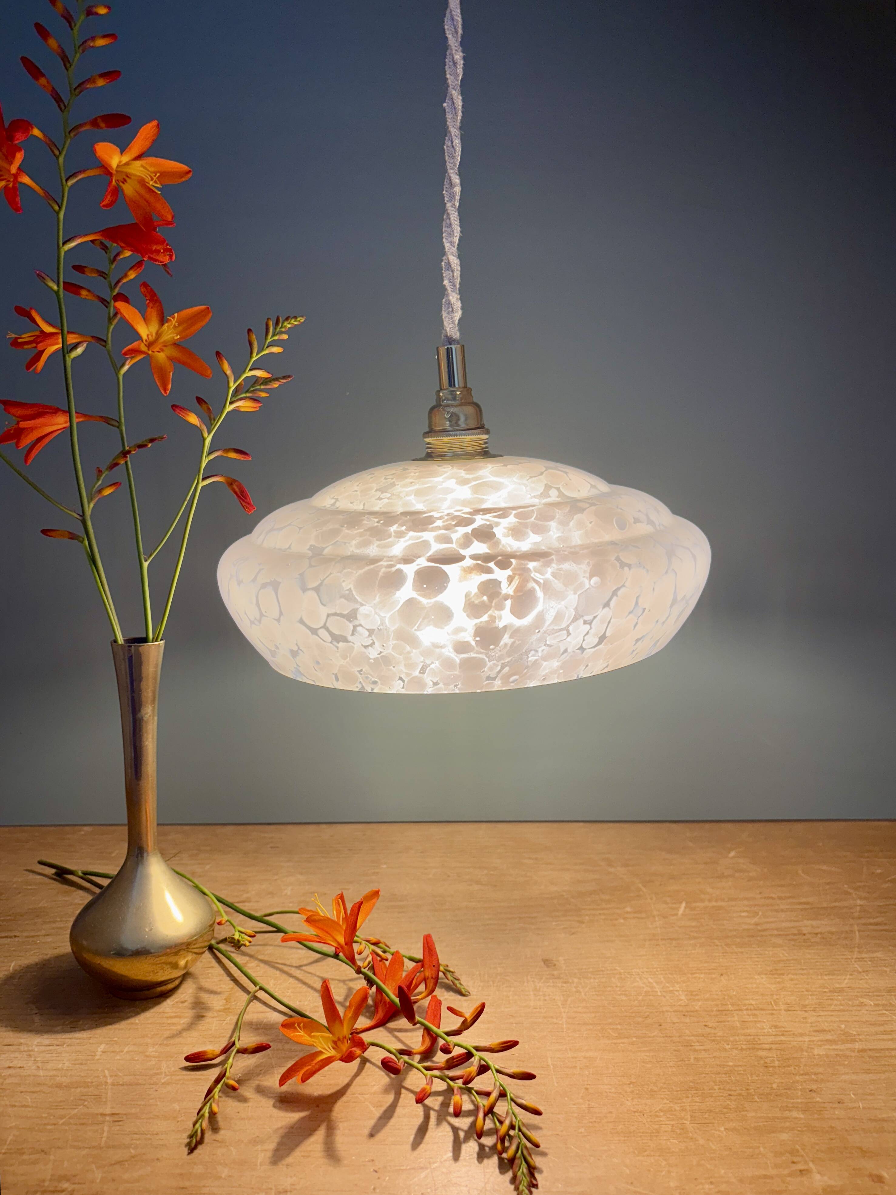 Vintage white Clichy glass lampshade pendant light