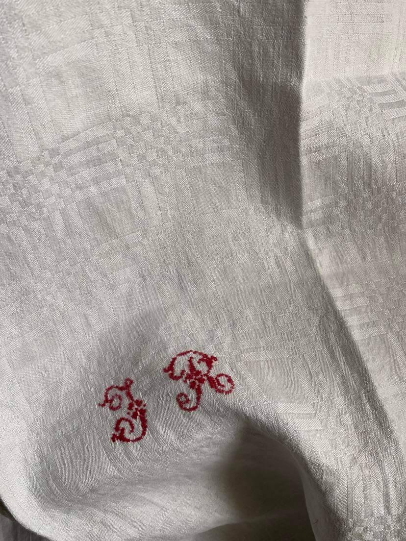 4 large damask tea towels JR monogram cross stitch.