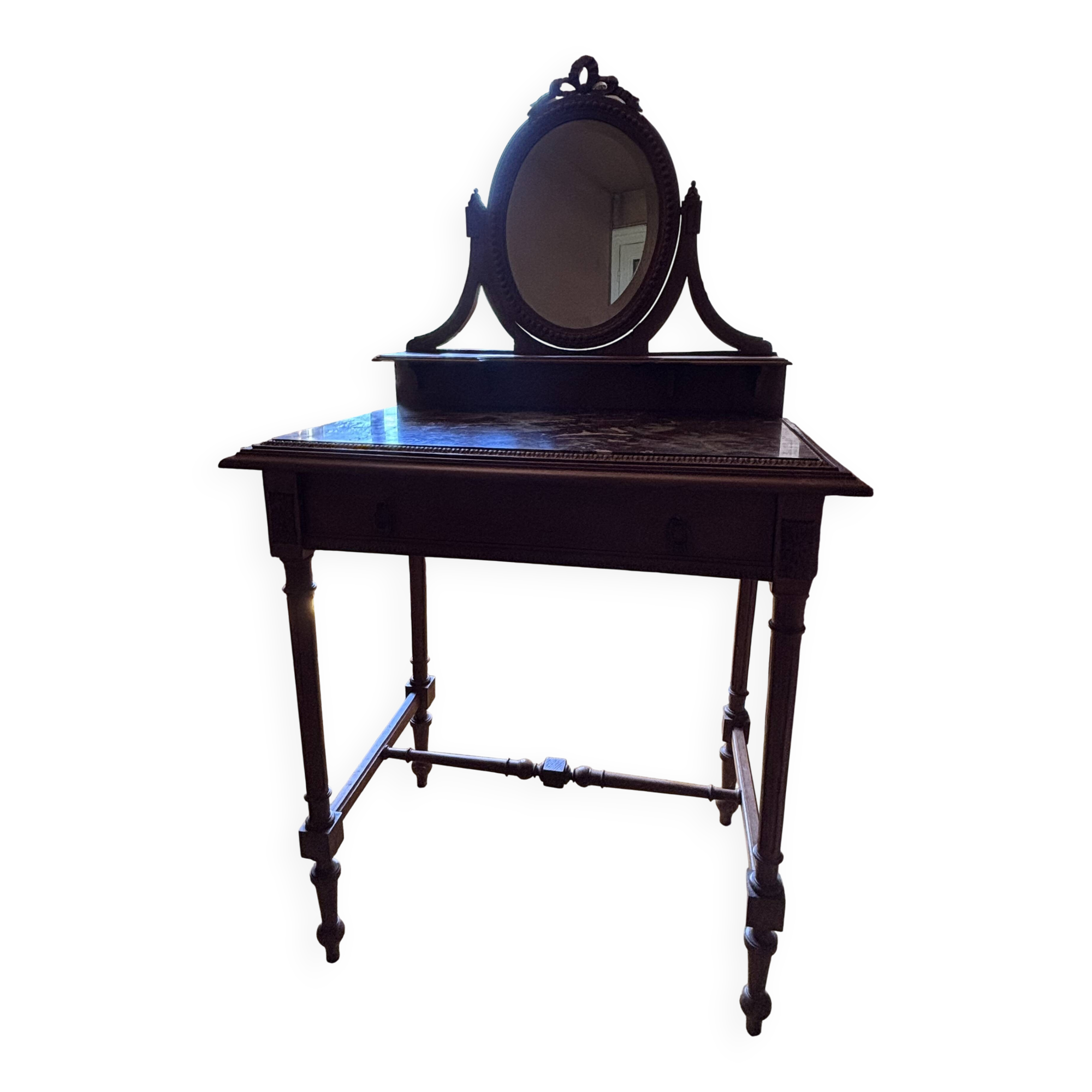 Antique oak and red marble dressing table with a swivel mirror.