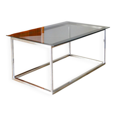 Table basse rectangulaire piètements en chrome et verre fumé, design, 1970